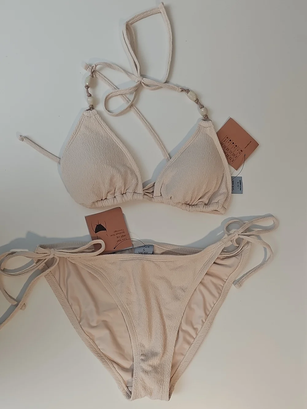 Shade & Shore Women's L Cream / Off-White Crepe Beaded Triangle Bikini Set